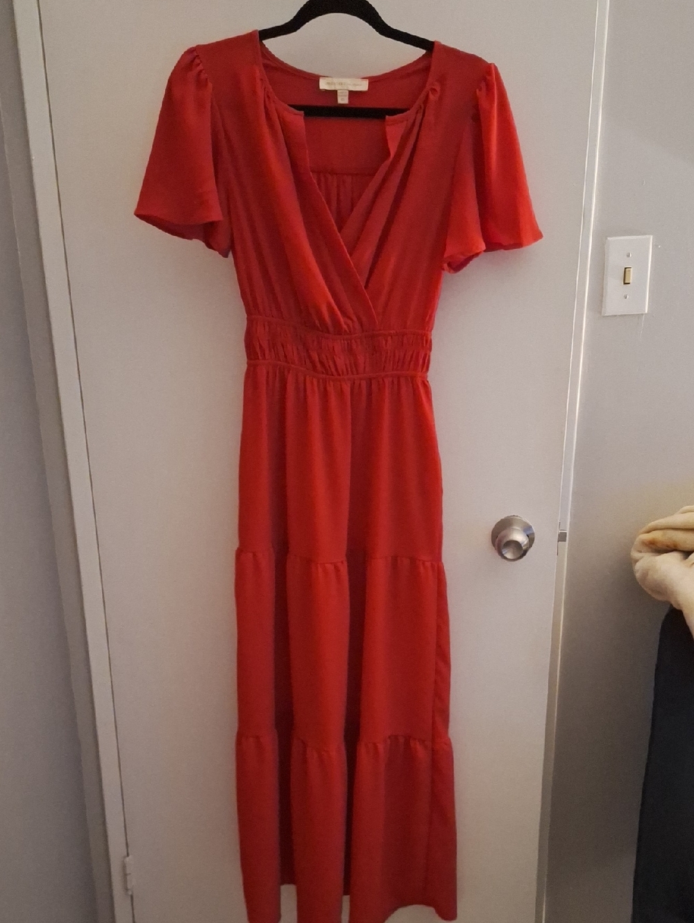 Flutter-Sleeve Red Maxi Dress with Smocked Waist